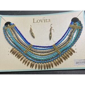 New With Tags Lovita & Co Harbor Mist Beaded Necklace & Golden Earring Set